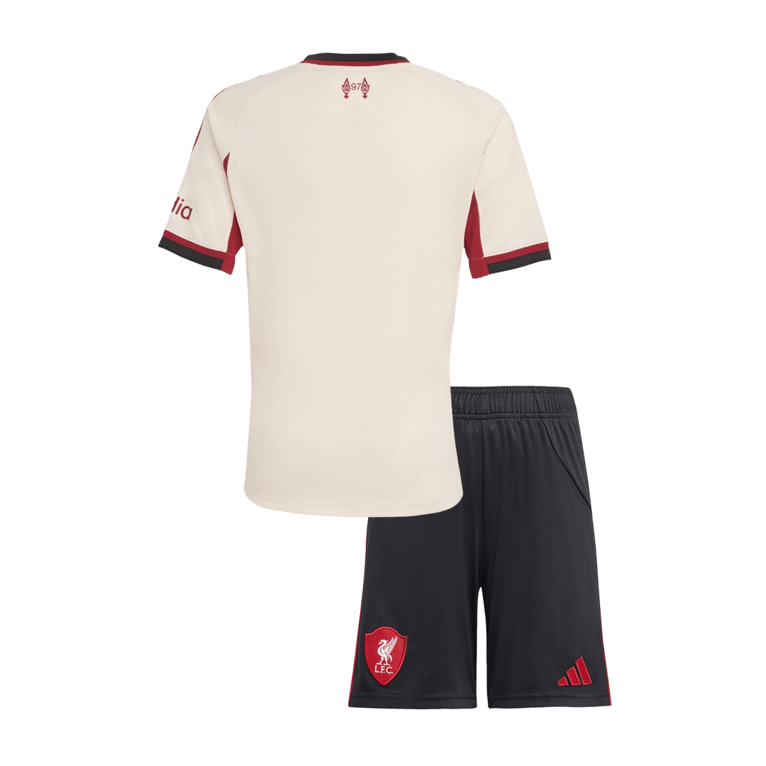 Camiseta de fútbol visitante del Liverpool para niños (camiseta y pantalones cortos) 25/26 blanco