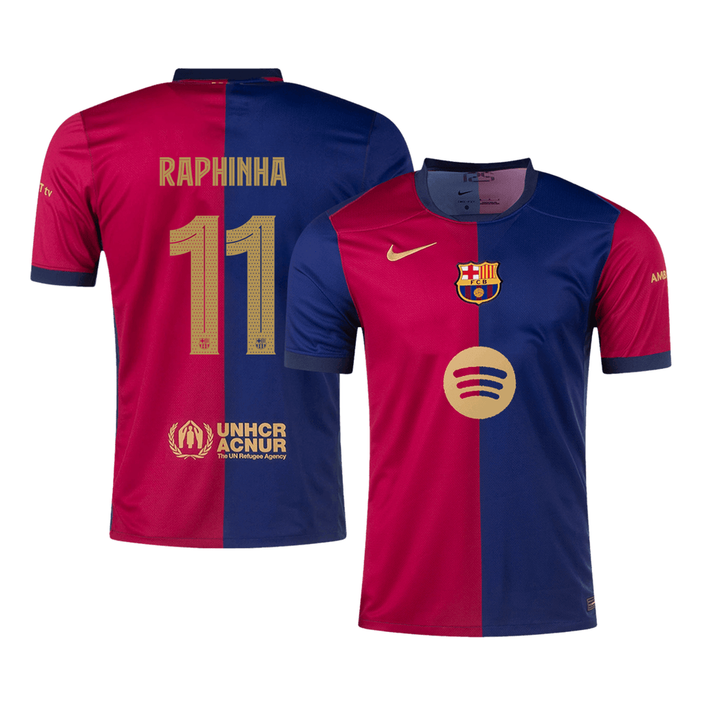 Maillot de football RAPHINHA #11 Barcelone Domicile 2024/25 Rouge et Bleu - UCL (Logo Spotify sans texte)