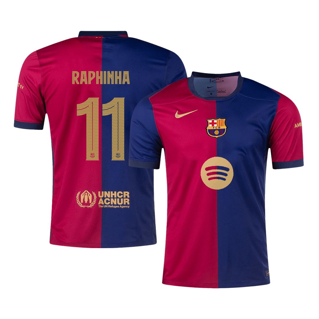 Camiseta de fútbol local del Barcelona RAPHINHA #11 2024/25, roja y azul - UCL (logotipo de Spotify sin texto)