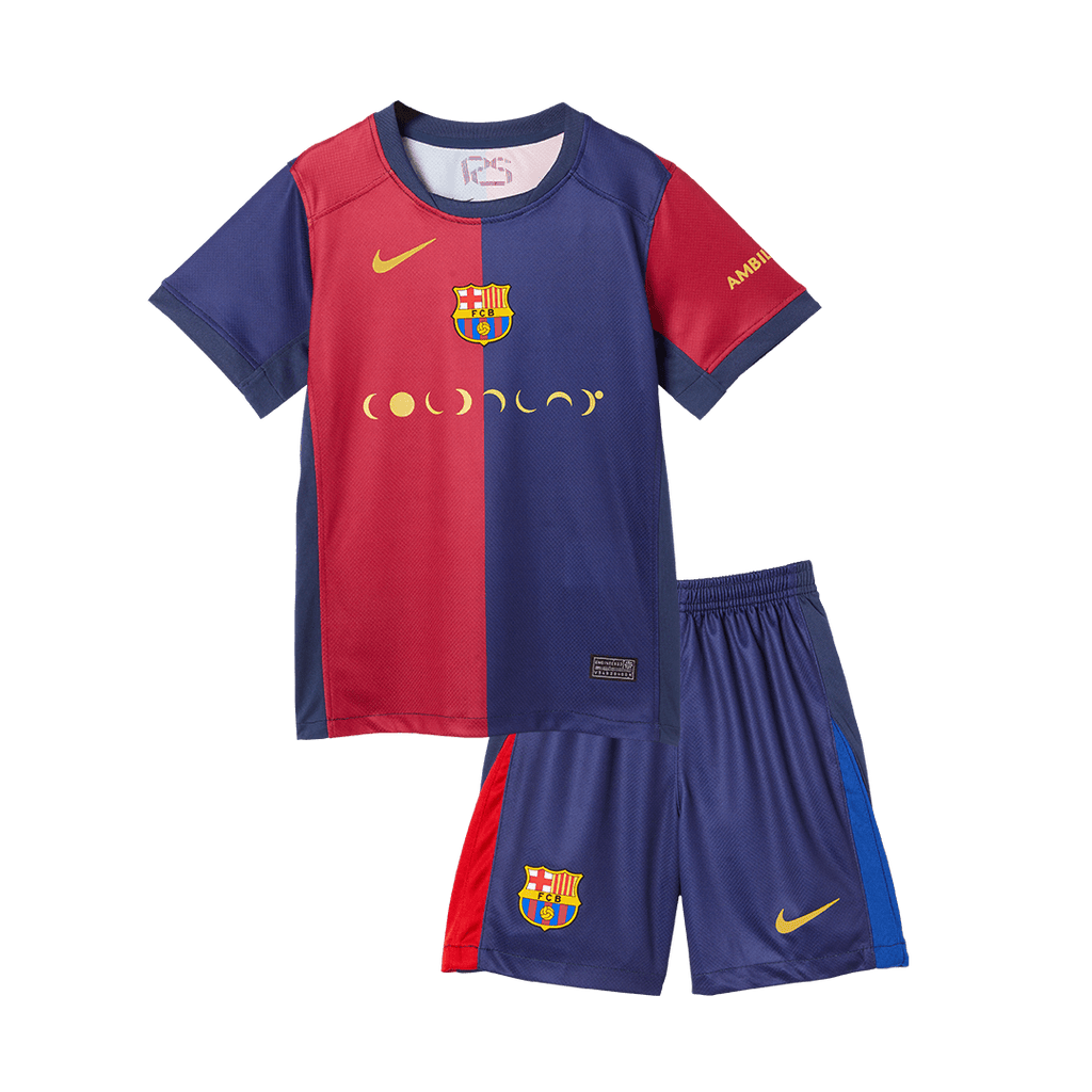 Maillot de football domicile Barcelone X Coldplay pour enfant (maillot + short) 2024/25 rouge et bleu