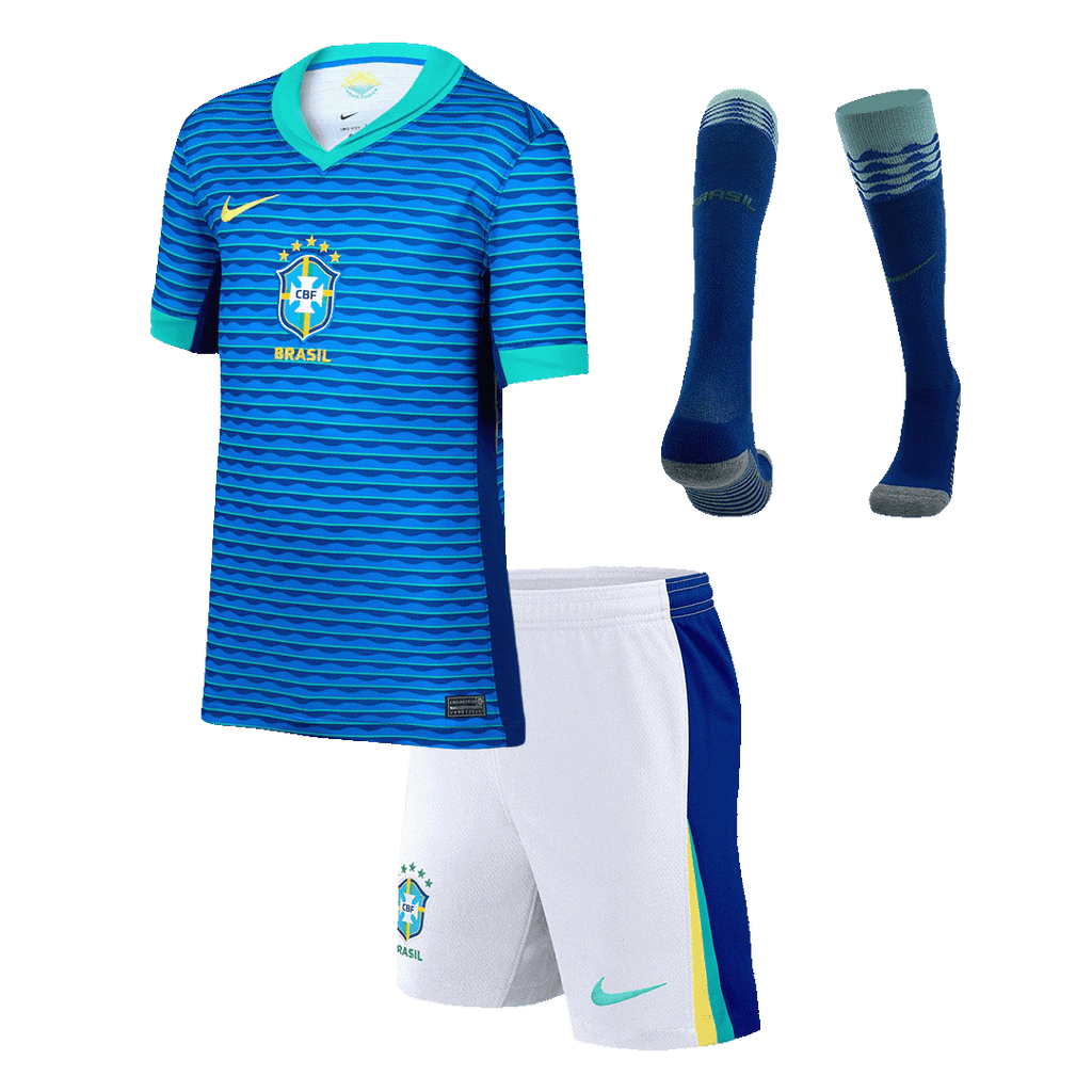 Kits de fútbol: Camiseta de fútbol visitante de Brasil para niños (camiseta, pantalones cortos y calcetines) Copa América 2024