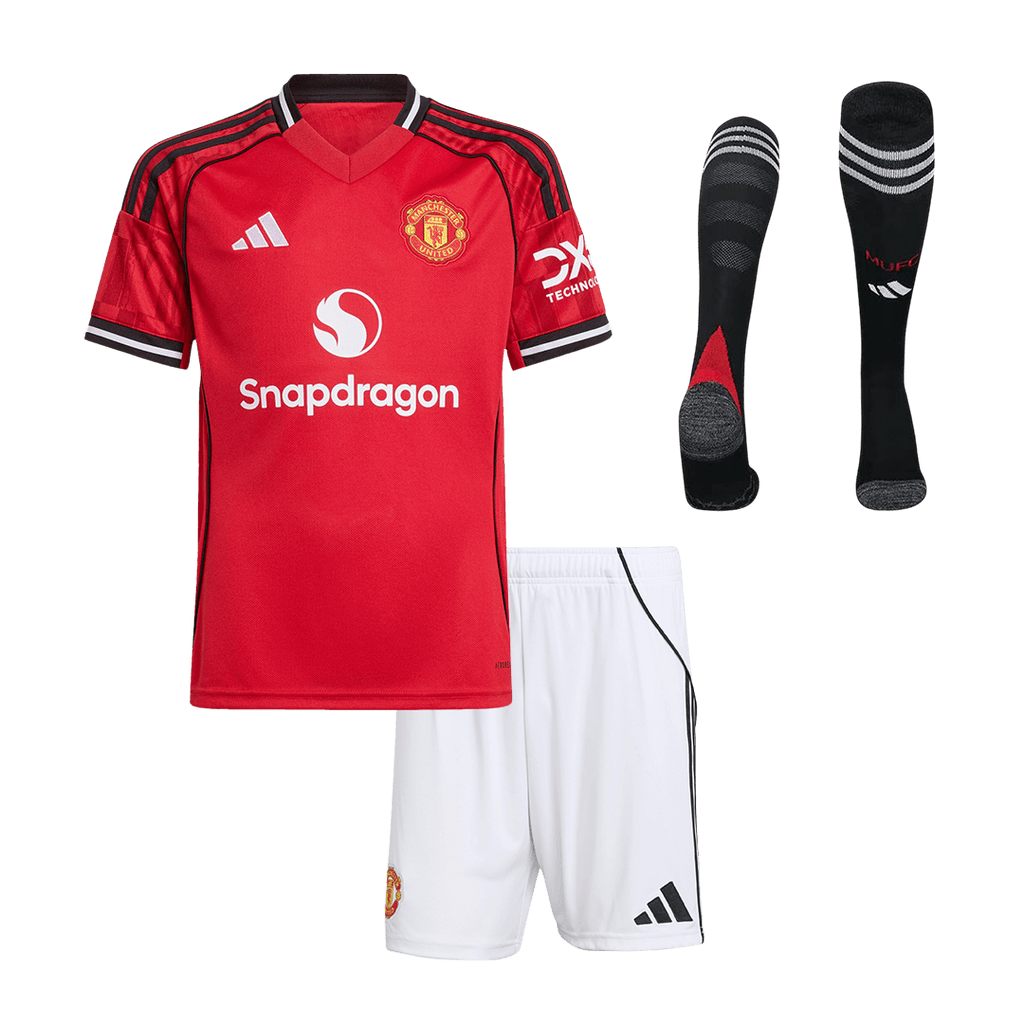 Kit de fútbol para niños: camiseta local del Manchester United (camiseta, pantalones cortos y calcetines) 2025/26