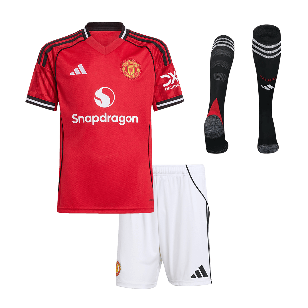 Kit de fútbol para niños: camiseta local del Manchester United (camiseta, pantalones cortos y calcetines) 2025/26