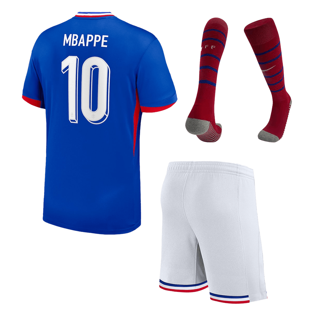 Kits de fútbol para niños: Camiseta local de fútbol de Francia MBAPPÉ #10 (camiseta, pantalones cortos y calcetines) para la Eurocopa 2024