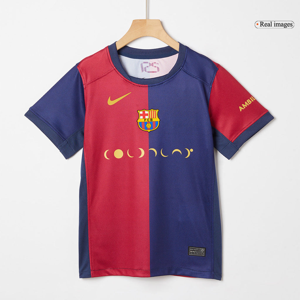 Maillot de football domicile Barcelone X Coldplay pour enfant (maillot + short) 2024/25 rouge et bleu