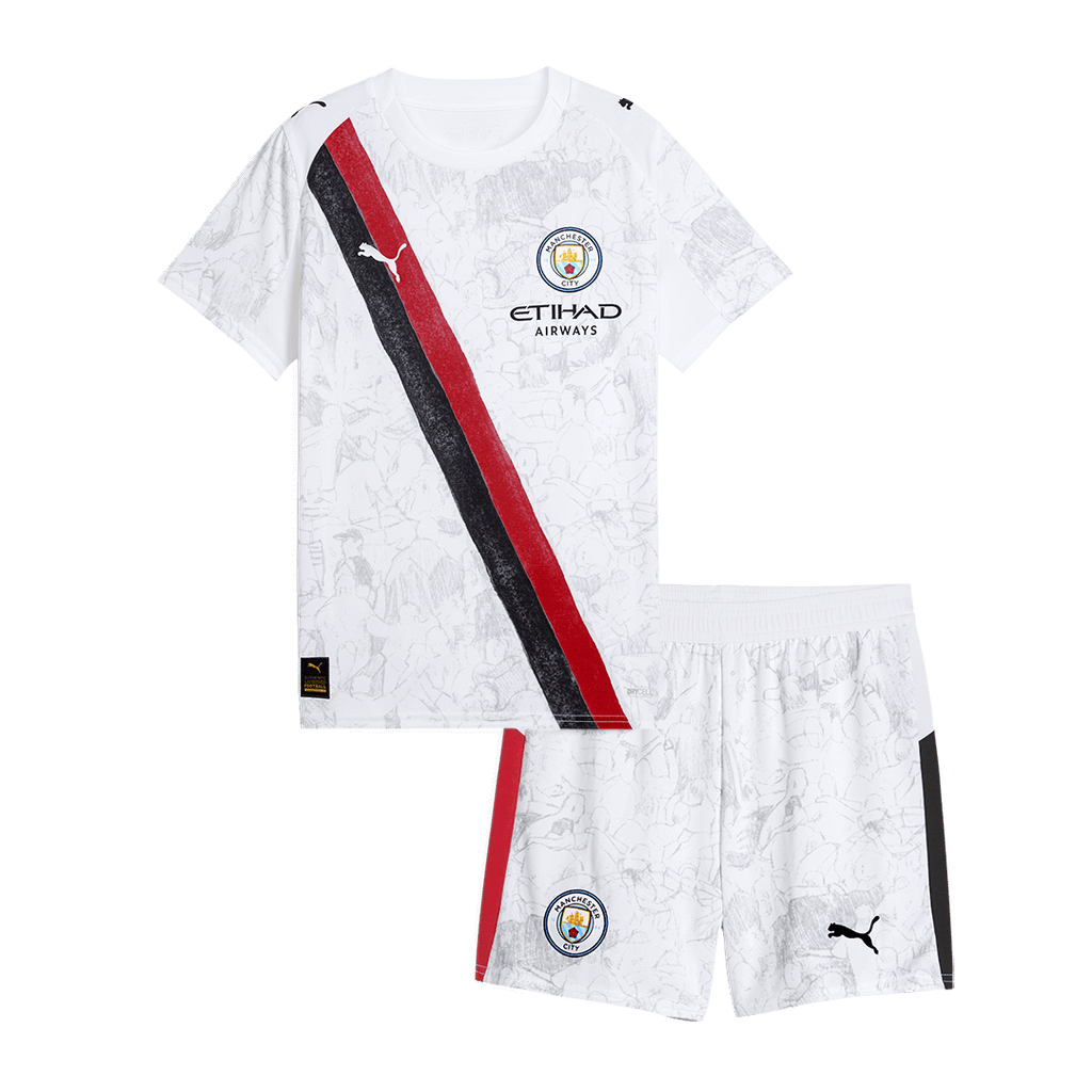 Kit de fútbol para niños: Camiseta de fútbol KidSuper del Manchester City (camiseta y pantalón corto) 2025/26, blanca - Mundial de Clubes