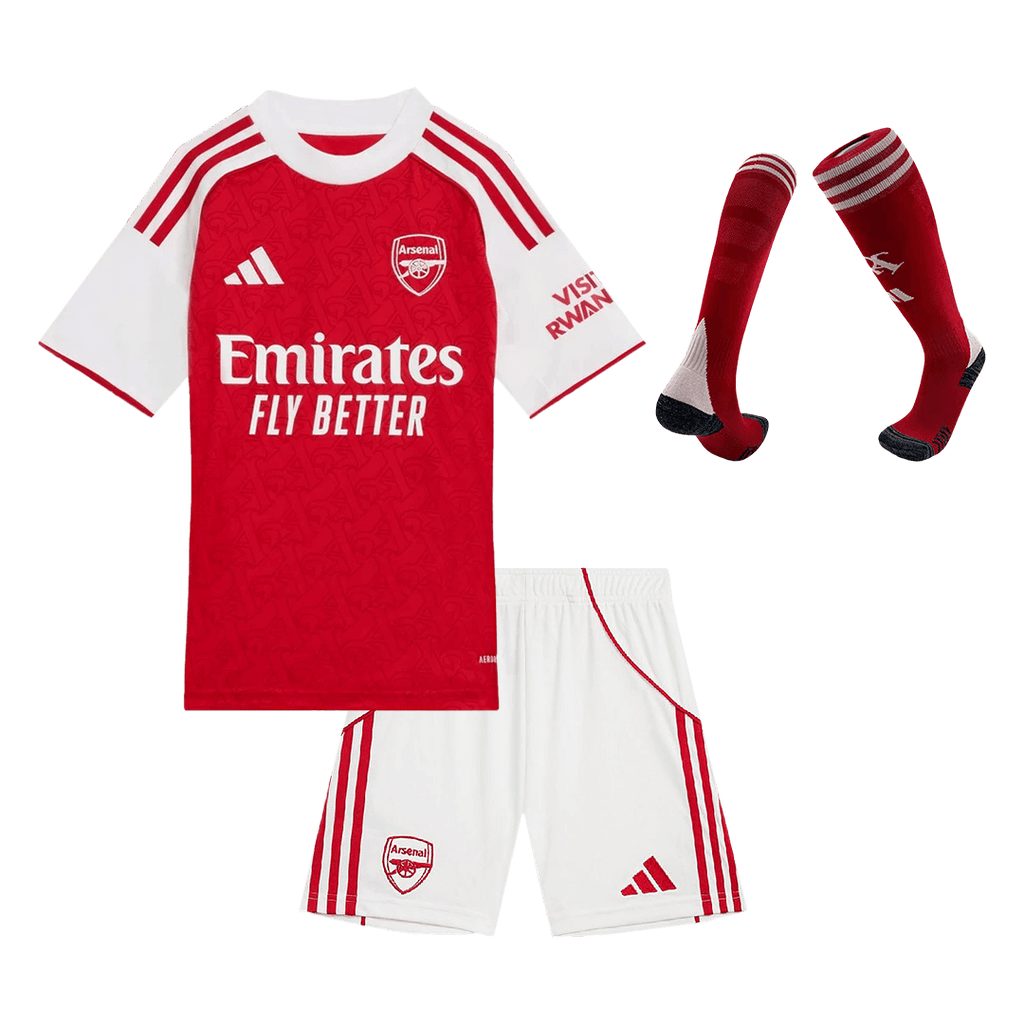 Kit de fútbol para niños: camiseta de local del Arsenal (camiseta, pantalones cortos y calcetines) 2025/26, color rojo