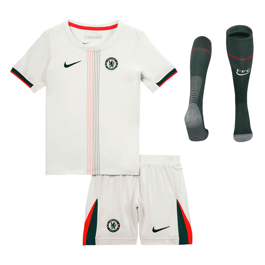 Camiseta de visitante del Chelsea para niño (camiseta, pantalones cortos y calcetines) 2025/26, color blanco