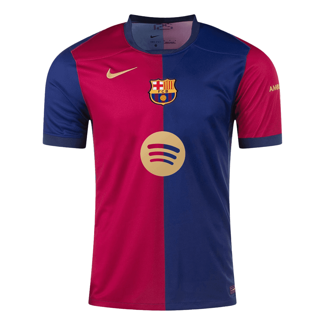 Camiseta de fútbol local del Barcelona RAPHINHA #11 2024/25, roja y azul - UCL (logotipo de Spotify sin texto)