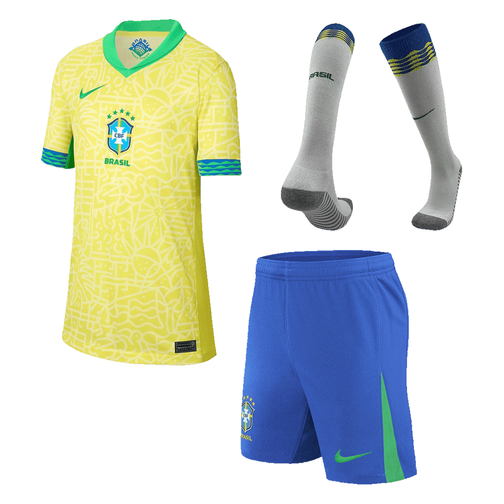 Kits de fútbol para niños: camiseta local de Brasil (camiseta, pantalones cortos y calcetines) para la Copa América 2024