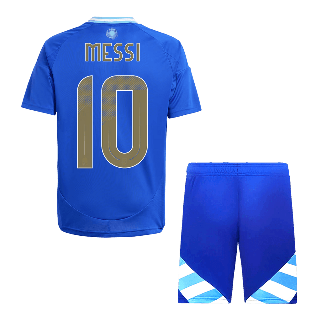Kits de fútbol para niños: Camiseta de visitante de Argentina Messi #10 (camiseta y pantalones cortos) 2024