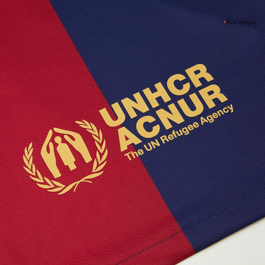 Maillot de football RAPHINHA #11 Barcelone Domicile 2024/25 Rouge et Bleu - UCL (Logo Spotify sans texte)