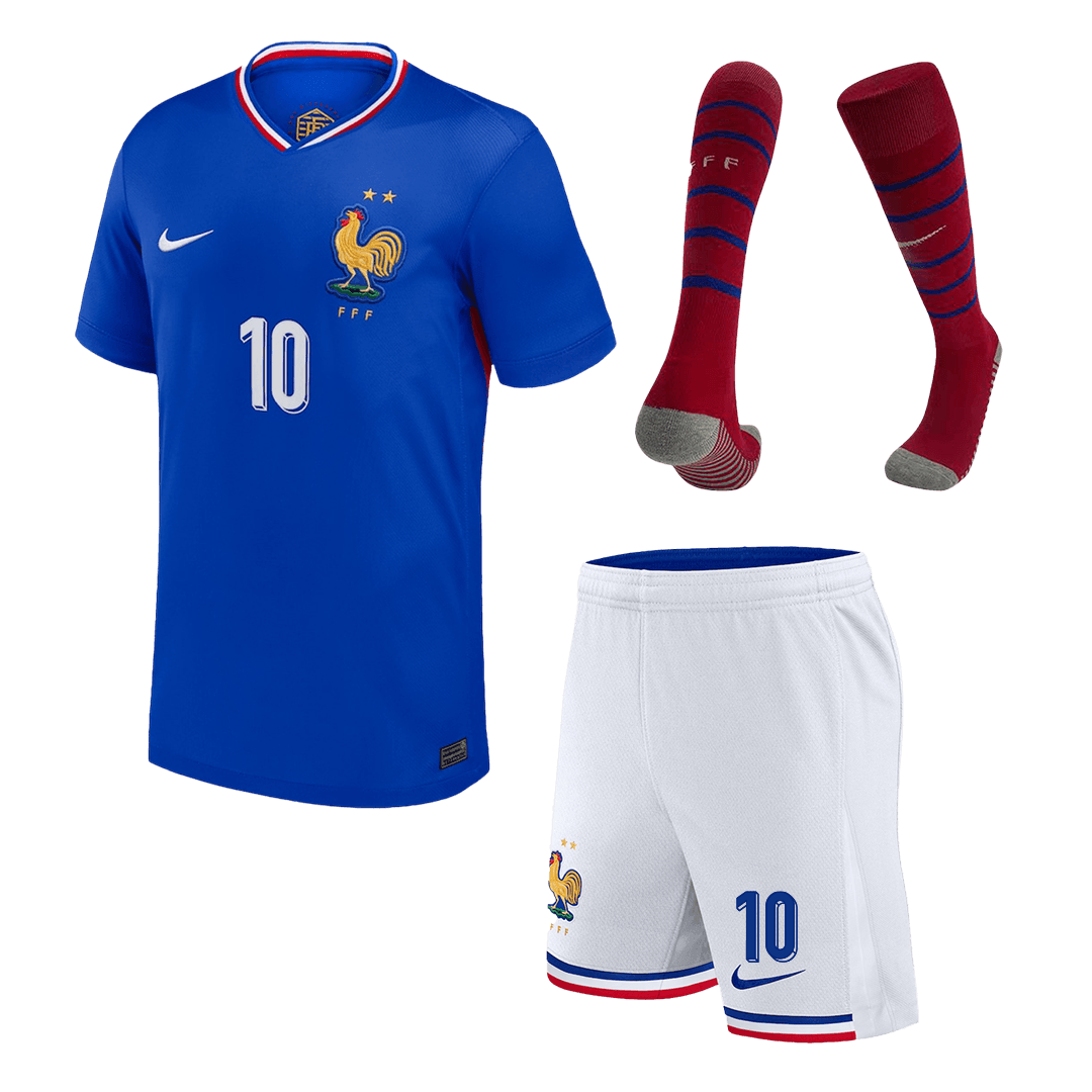 Kits de fútbol para niños: Camiseta local de fútbol de Francia MBAPPÉ #10 (camiseta, pantalones cortos y calcetines) para la Eurocopa 2024
