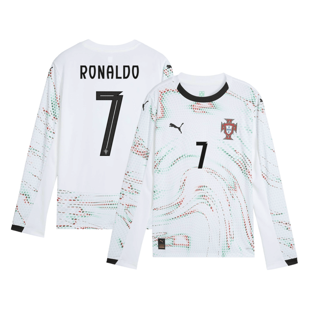 Camiseta de fútbol Ronaldo #7 Portugal de visitante, manga larga, 2025, blanca