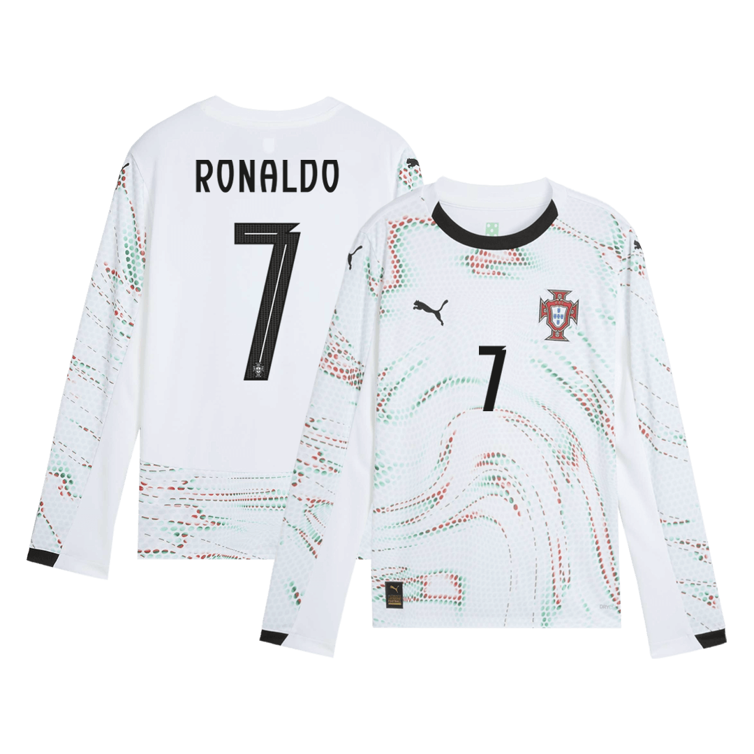 Camiseta de fútbol Ronaldo #7 Portugal de visitante, manga larga, 2025, blanca