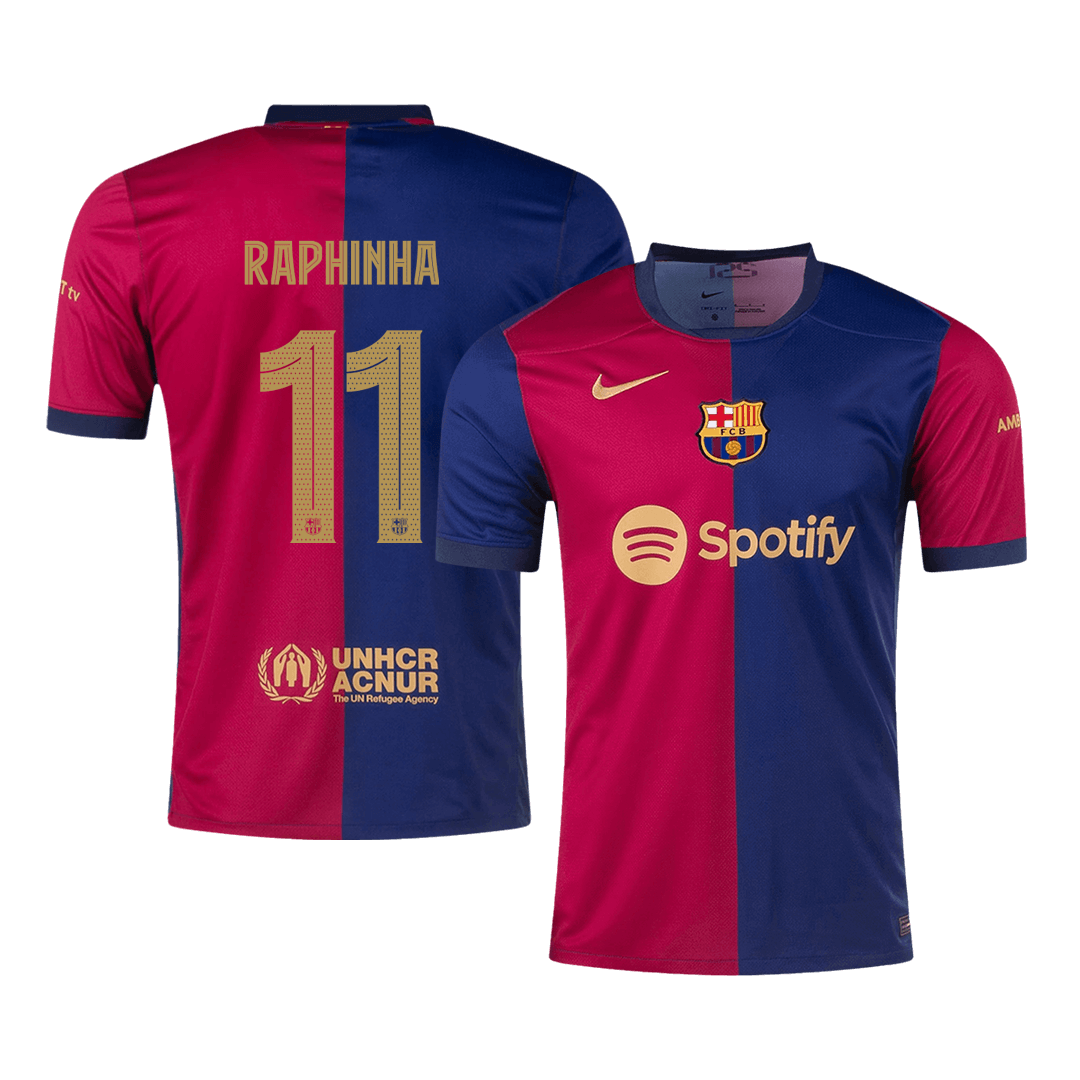 Camiseta de fútbol local RAPHINHA #11 del Barcelona 2024/25, roja y azul - UCL