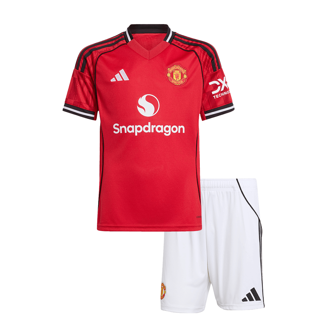 Kit de fútbol para niños: camiseta local del Manchester United (camiseta y pantalones cortos) 2025/26, color rojo