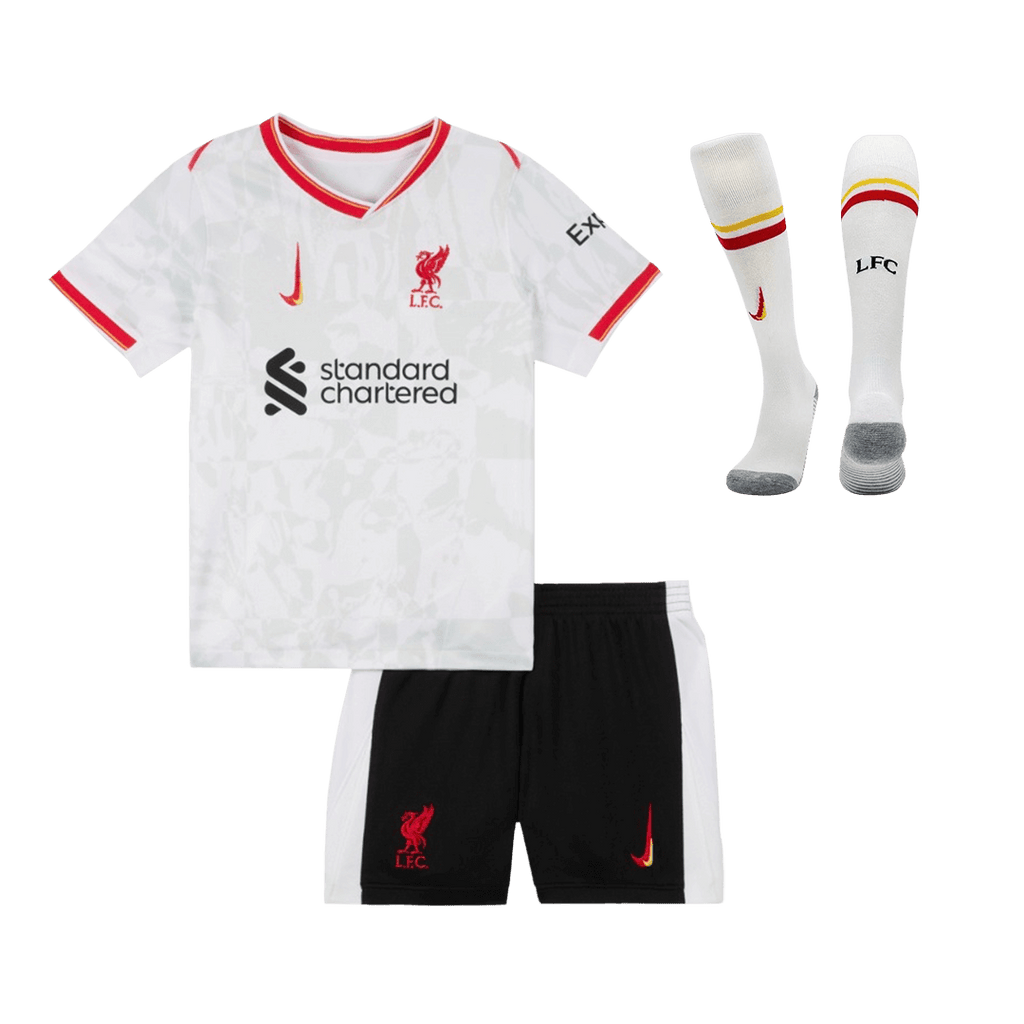Camiseta de fútbol infantil de visitante del Liverpool (camiseta, pantalón corto y calcetines) 2024/25