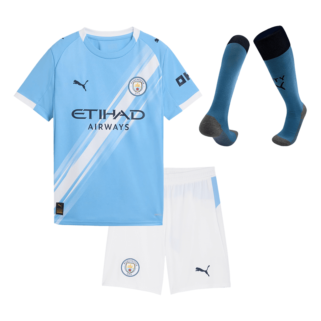 Kit de fútbol para niños: camiseta local del Manchester City (camiseta, pantalones cortos y calcetines) 2025/26, azul