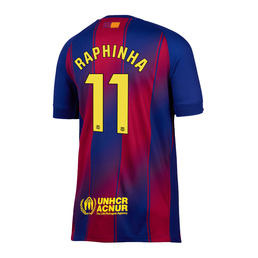 Kits de fútbol RAPHINHA #11 Barcelona Home Soccer Jersey 2025/26 Rojo y Azul