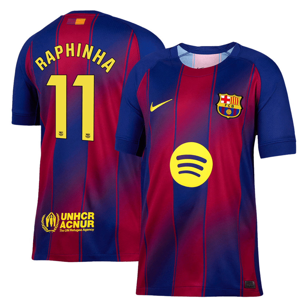 Kits de fútbol RAPHINHA #11 Barcelona Home Soccer Jersey 2025/26 Rojo y Azul