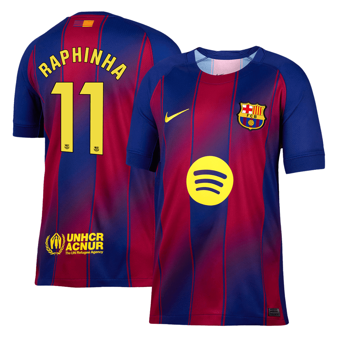 Kits de fútbol RAPHINHA #11 Barcelona Home Soccer Jersey 2025/26 Rojo y Azul