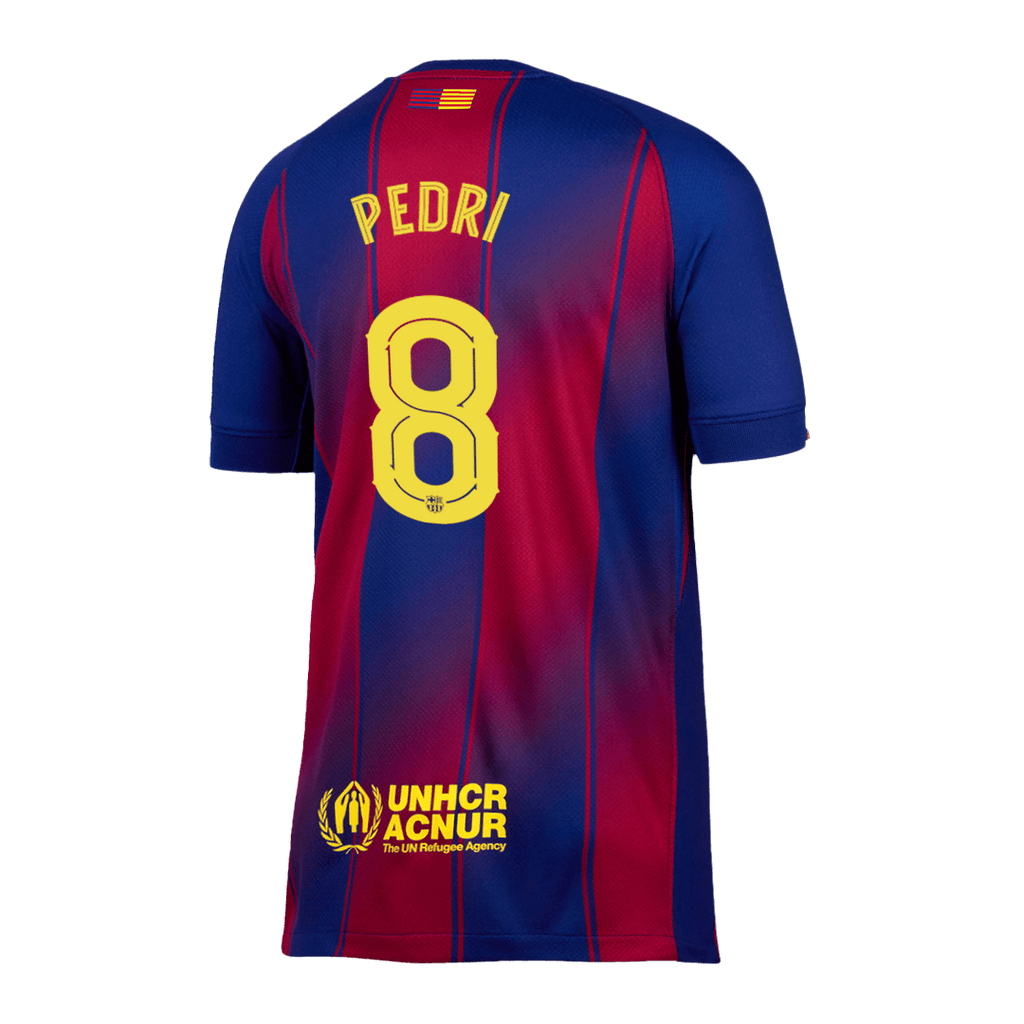 Camiseta de fútbol local PEDRI #8 del Barcelona 2025/26, roja y azul - UCL