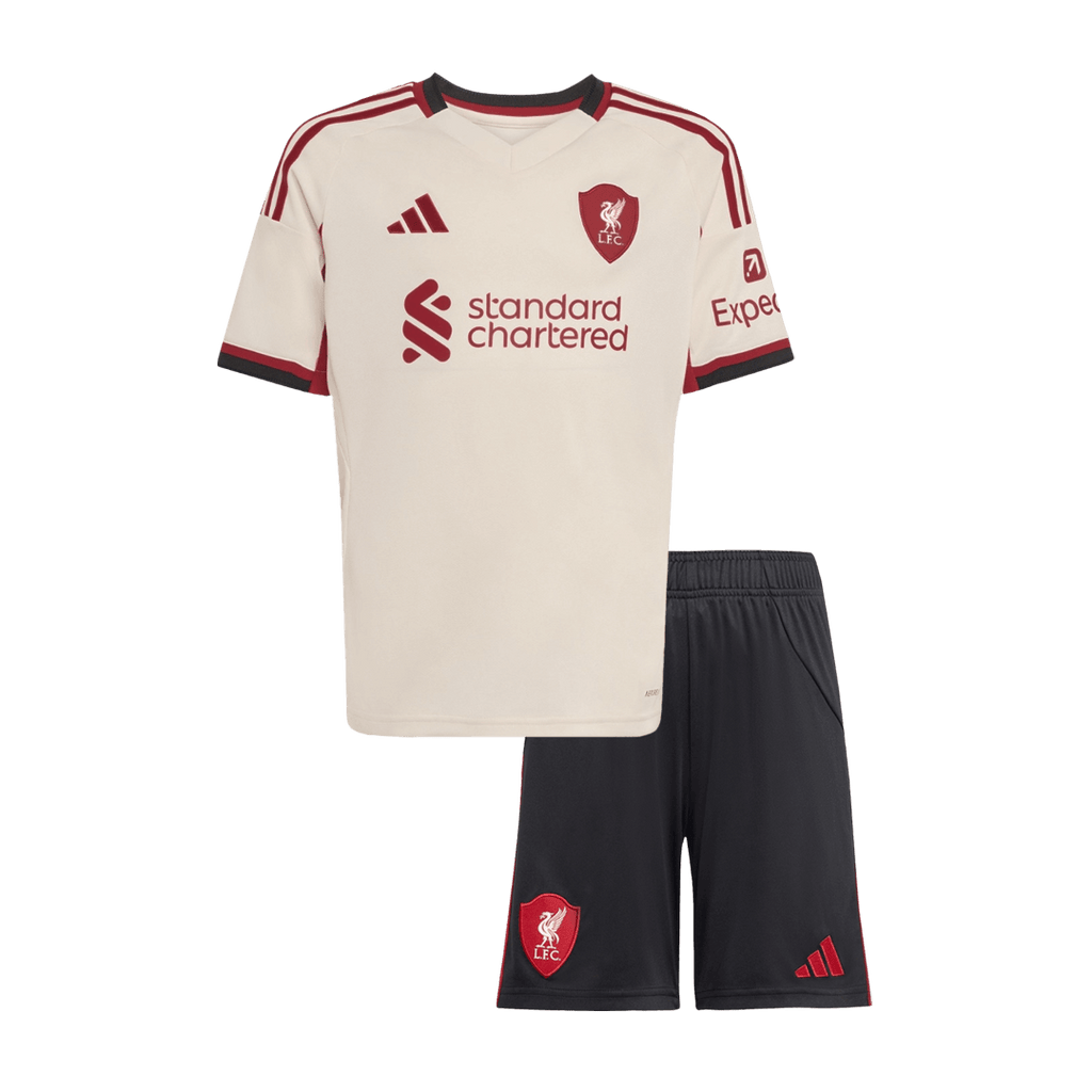 Camiseta de fútbol visitante del Liverpool para niños (camiseta y pantalones cortos) 25/26 blanco