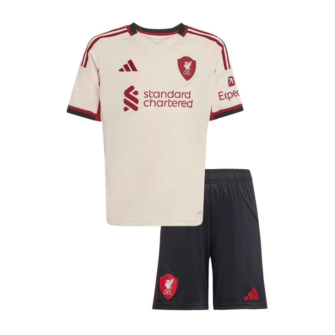 Camiseta de fútbol visitante del Liverpool para niños (camiseta y pantalones cortos) 25/26 blanco