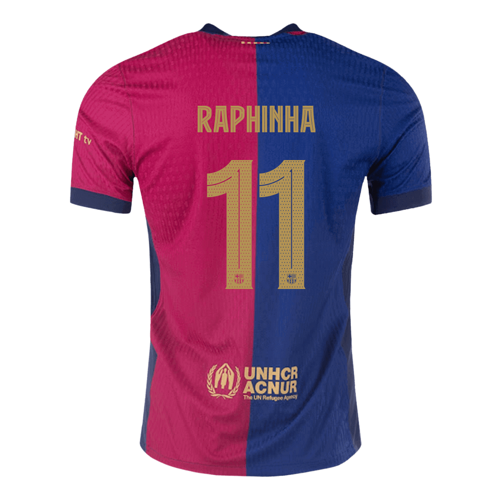 Camiseta de fútbol Raphinha #11, camiseta local del Barcelona 2024/25, roja y azul - UCL (logotipo de Spotify sin texto)