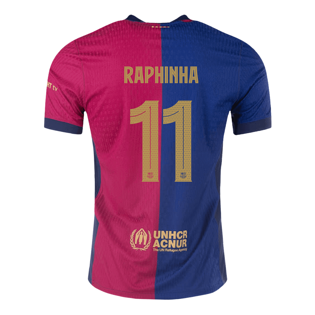 Camiseta de fútbol Raphinha #11, camiseta local del Barcelona 2024/25, roja y azul - UCL (logotipo de Spotify sin texto)