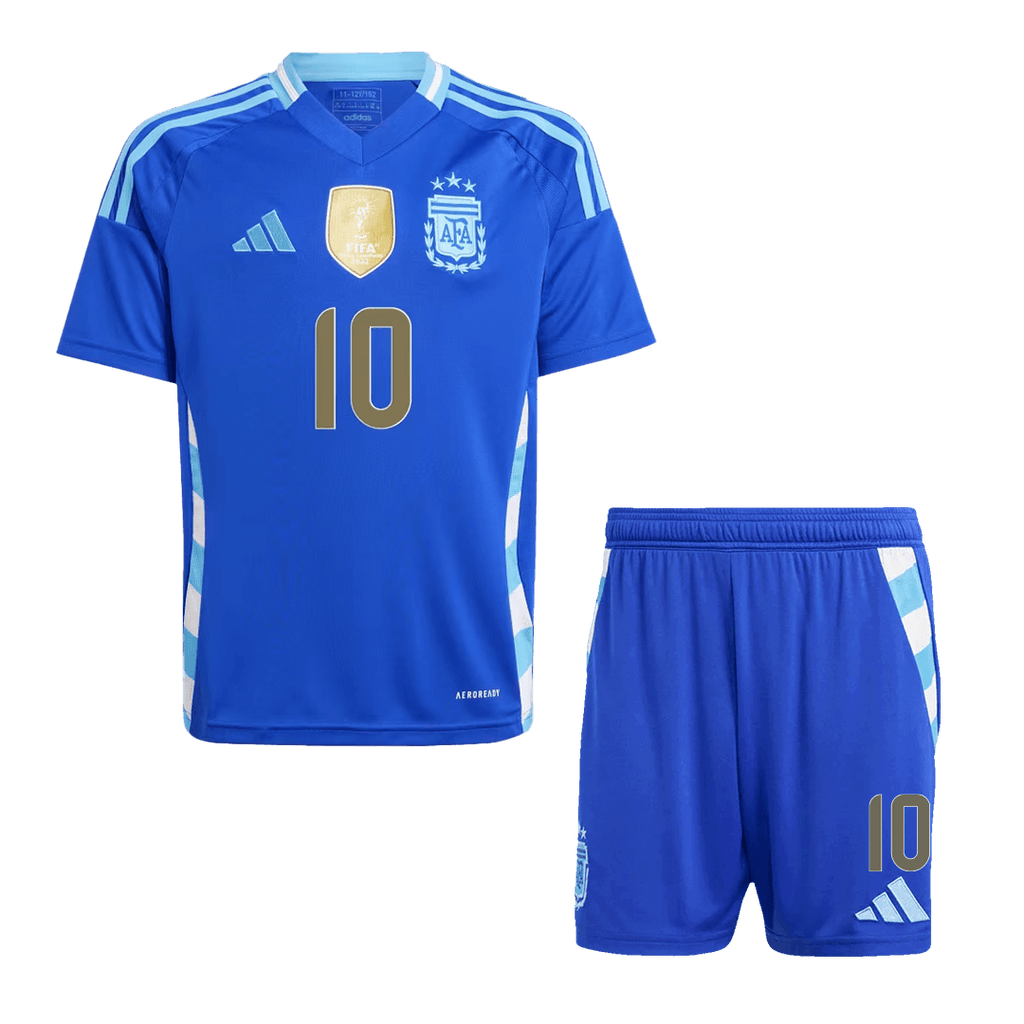 Kits de fútbol para niños: Camiseta de visitante de Argentina Messi #10 (camiseta y pantalones cortos) 2024