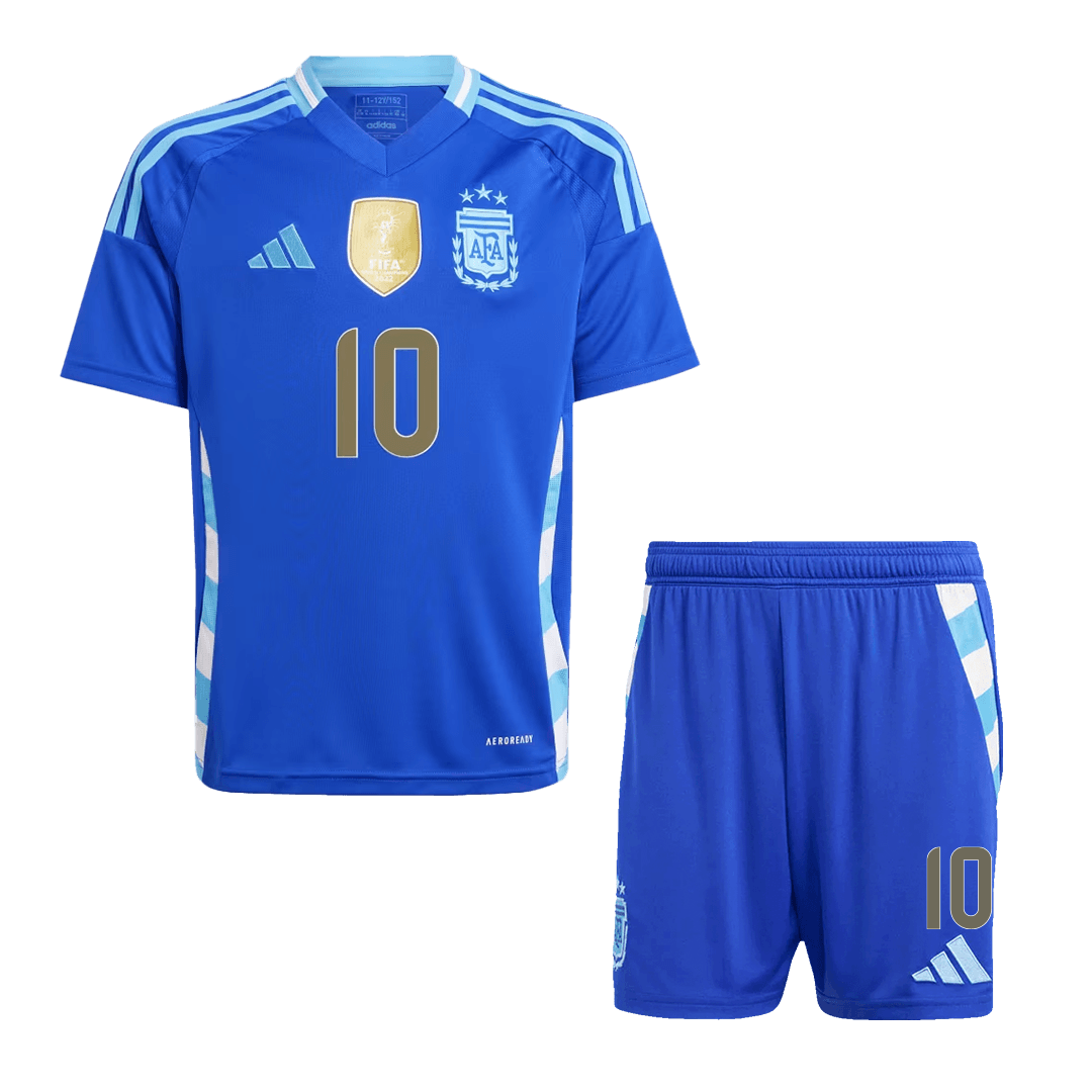 Kits de fútbol para niños: Camiseta de visitante de Argentina Messi #10 (camiseta y pantalones cortos) 2024