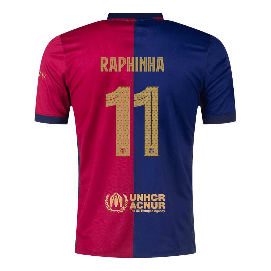 Maillot de football RAPHINHA #11 Barcelone Domicile 2024/25 Rouge et Bleu - UCL (Logo Spotify sans texte)