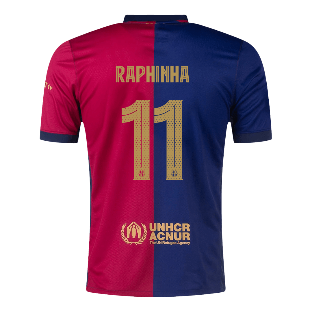 Camiseta de fútbol local del Barcelona RAPHINHA #11 2024/25, roja y azul - UCL (logotipo de Spotify sin texto)