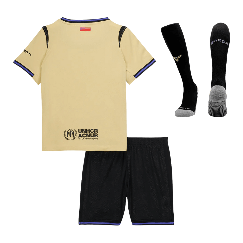 Maillot de football extérieur Barcelone pour enfant (maillot, short, chaussettes) 2025/26 jaune et noir