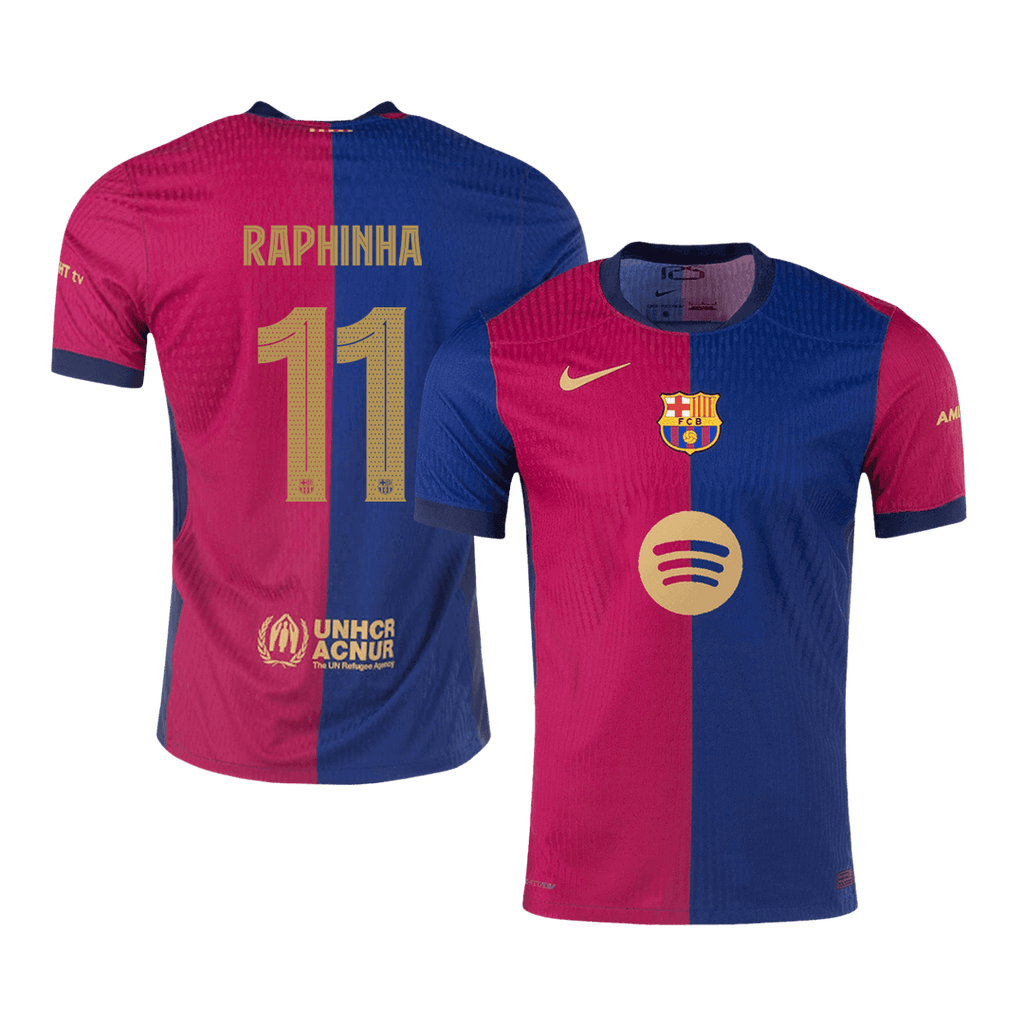 Camiseta de fútbol Raphinha #11, camiseta local del Barcelona 2024/25, roja y azul - UCL (logotipo de Spotify sin texto)