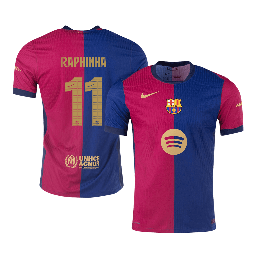 Camiseta de fútbol Raphinha #11, camiseta local del Barcelona 2024/25, roja y azul - UCL (logotipo de Spotify sin texto)