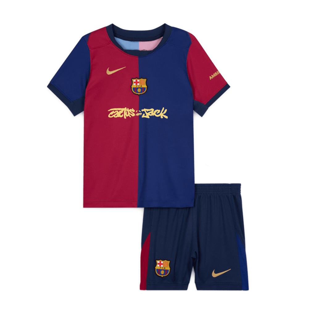 Maillot de football domicile Barcelone X Travis Scott pour enfant (maillot + short) 2024/25 rouge et bleu