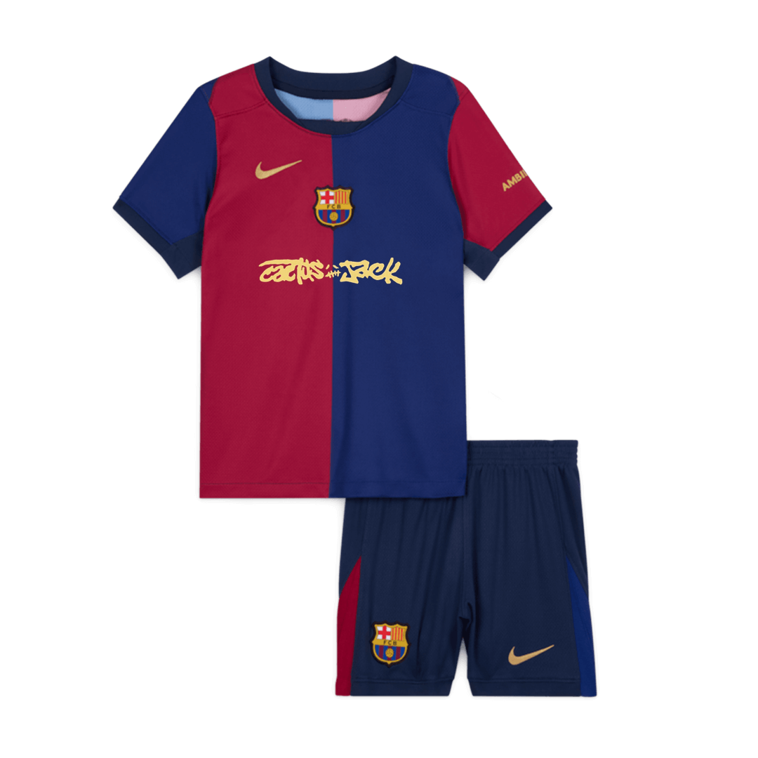 Maillot de football domicile Barcelone X Travis Scott pour enfant (maillot + short) 2024/25 rouge et bleu
